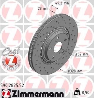 Диск тормозной (передний) Toyota Rav 4 12-/Lexus RX/NX 08- (328x28)(с покрыт) (вент) (с отверстиями) ZIMMERMANN 590.2825.52