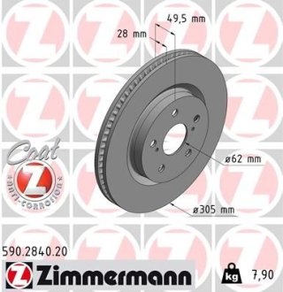 Диск тормозной (передний) Lexus ES/UX/Toyota Camry/Rav4 17- (305x28) ZIMMERMANN 590284020