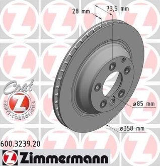 Диск тормозной (задний) Audi Q7 06-15/Porsche Cayenne/VW Touareg 03-10 (358x28)(с покрытием)(вент.) ZIMMERMANN 600.3239.20