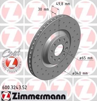 Диск гальмівний (передній) Audi A3/Skoda Octavia/VW Golf 13-/Passat 08- (340x30)(з отвором) (вент) ZIMMERMANN 600.3243.52 (фото 1)