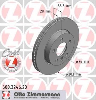 Диск тормозной (передний) VW Amarok 10- (303x28) (с покрытием) (вентилируемый) ZIMMERMANN 600.3246.20